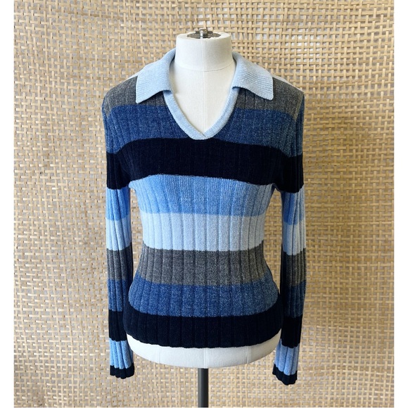 Vintage Y2K 90’s Striped Blue Collar Pullover Sweater Sz Juniors Large 11/13 - Picture 1 of 4